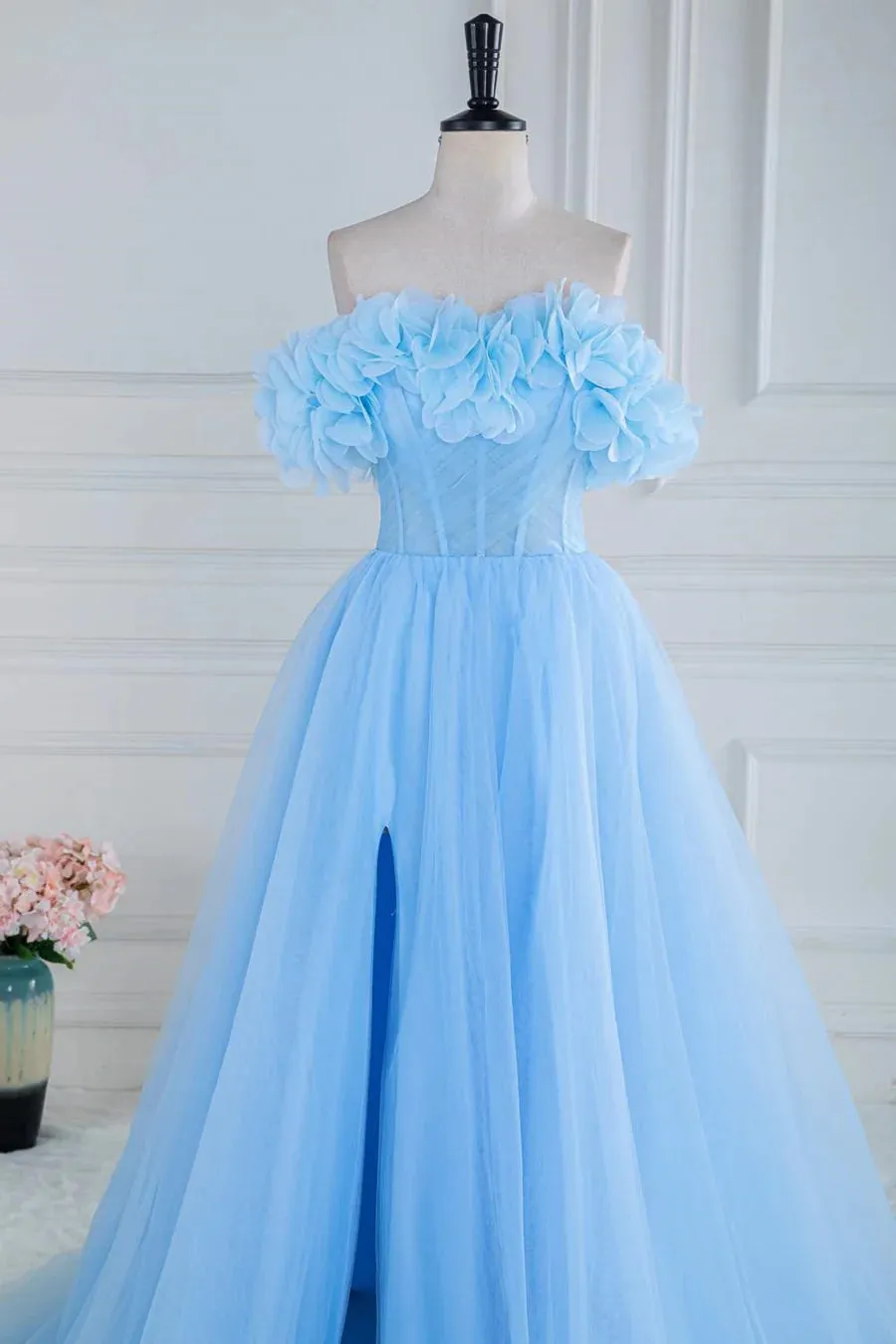 A-line Off-Shoulder Light Blue Flowers Long Prom Dress with Slit lps029