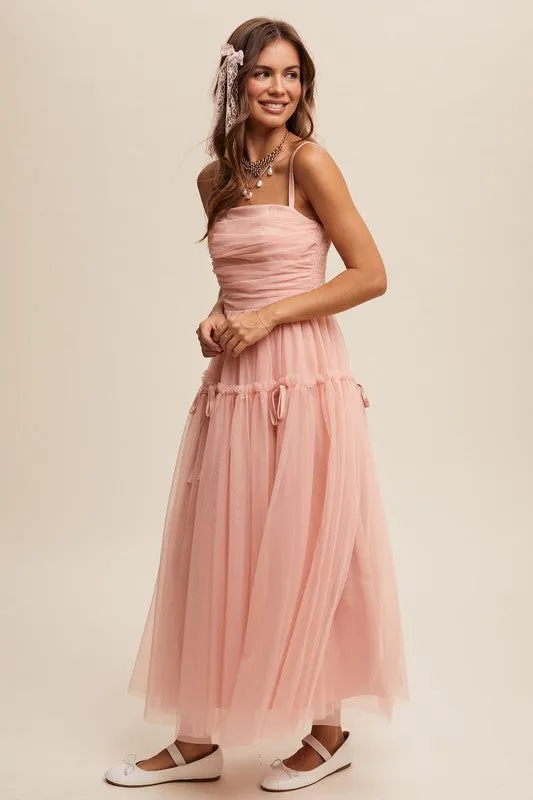 Baby Rose Ruched Mesh Bow Detail Maxi Dress