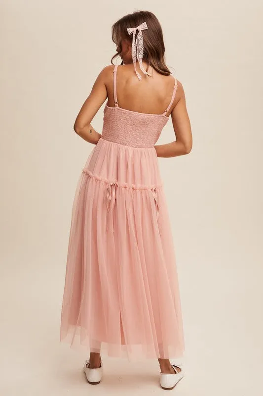 Baby Rose Ruched Mesh Bow Detail Maxi Dress