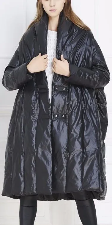 Black Paneled Long Boxy Puffer Down Coat