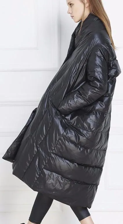 Black Paneled Long Boxy Puffer Down Coat