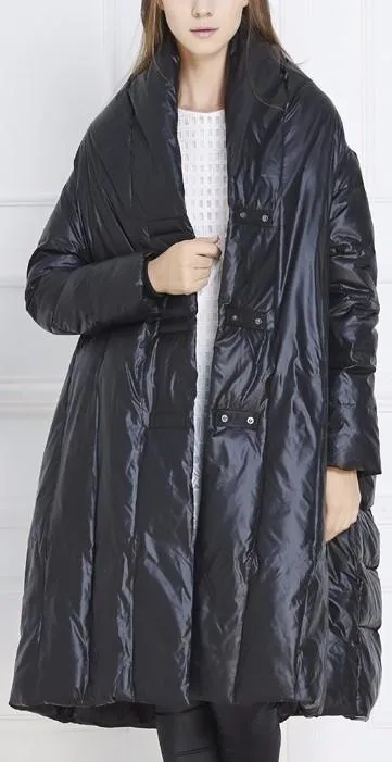 Black Paneled Long Boxy Puffer Down Coat