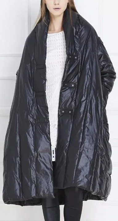 Black Paneled Long Boxy Puffer Down Coat