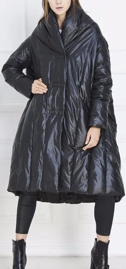 Black Paneled Long Boxy Puffer Down Coat