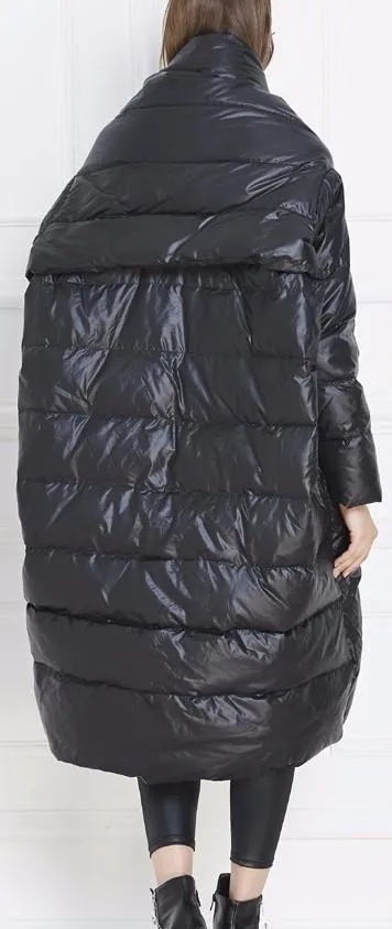 Black Paneled Long Boxy Puffer Down Coat