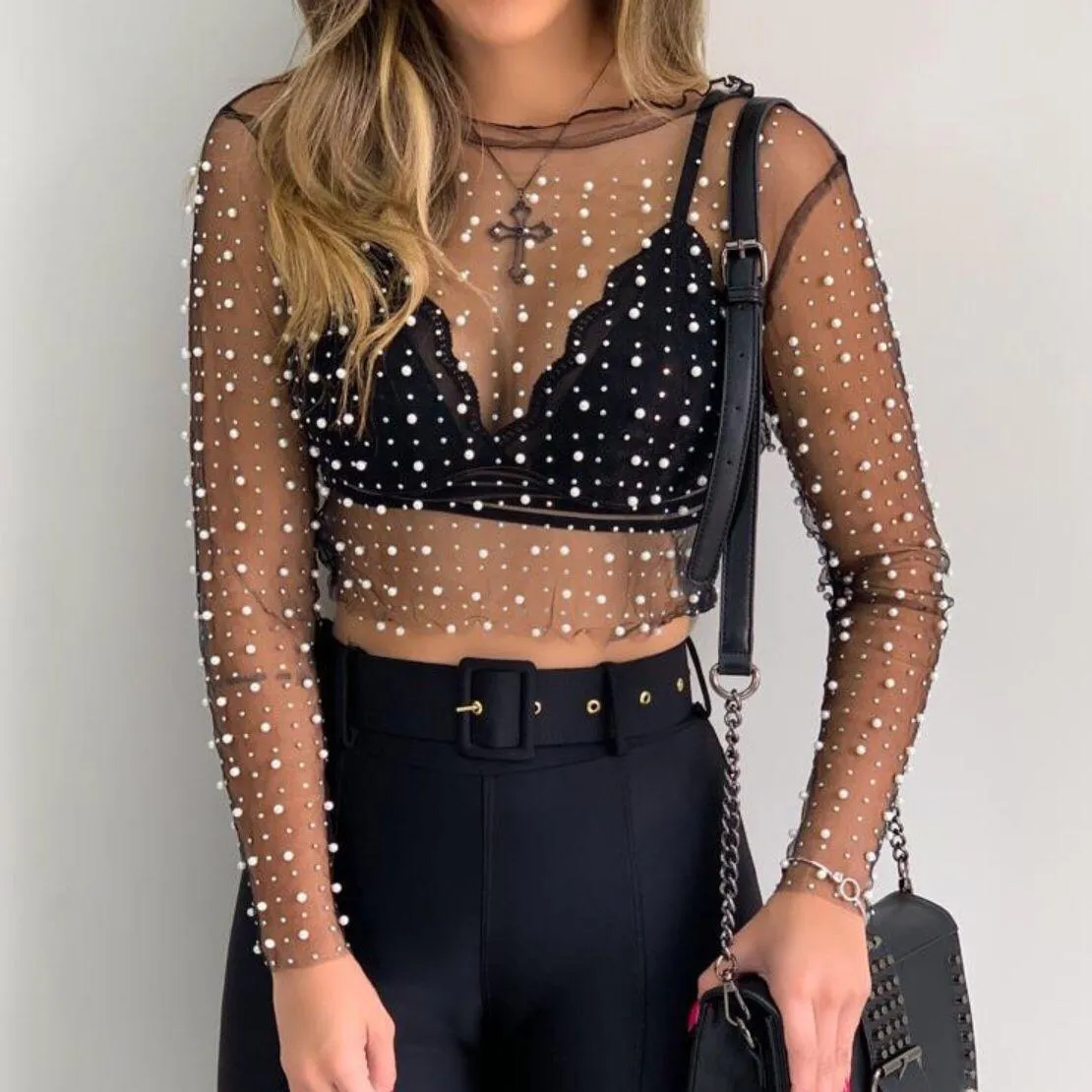 Boho Chic Pearl Mesh Top