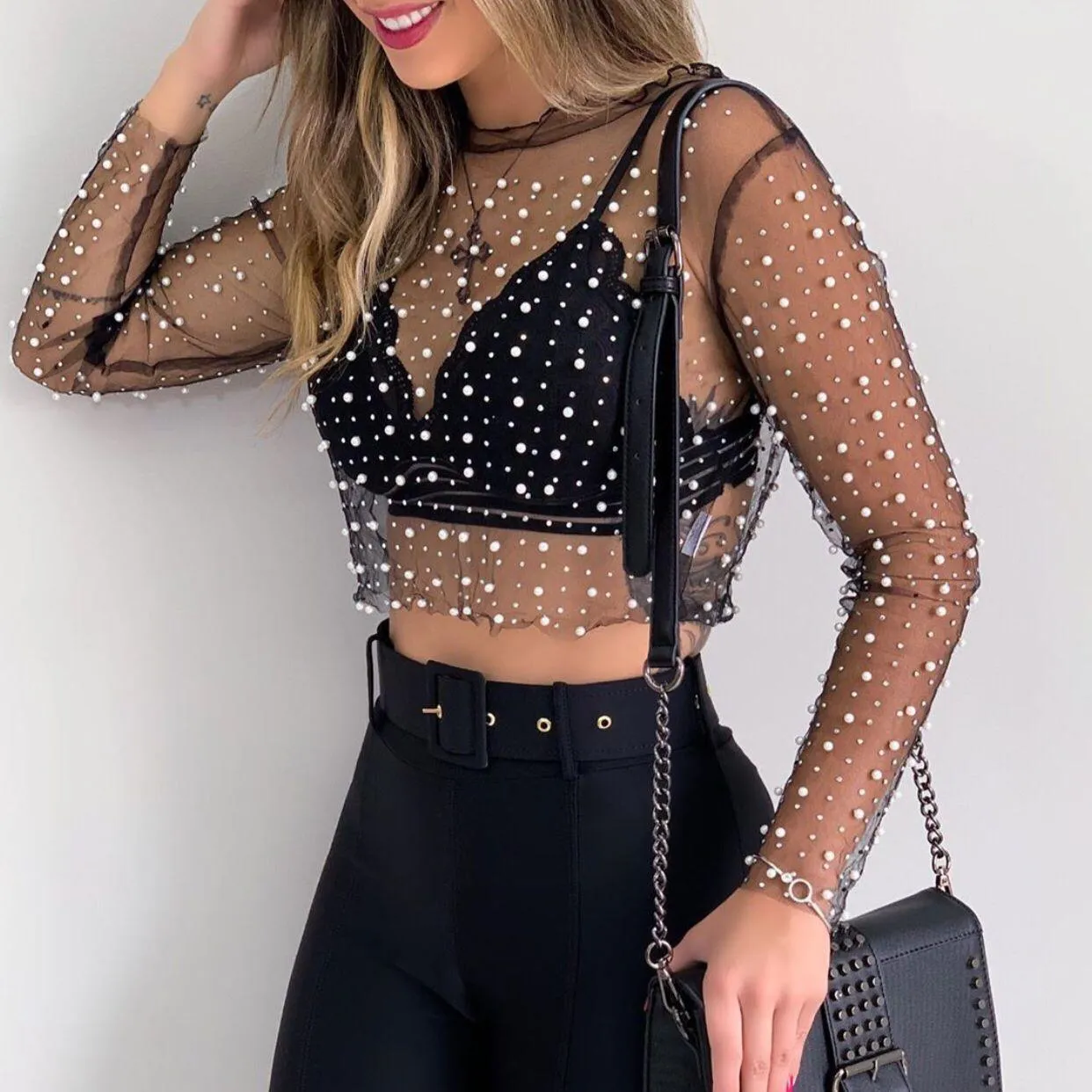 Boho Chic Pearl Mesh Top