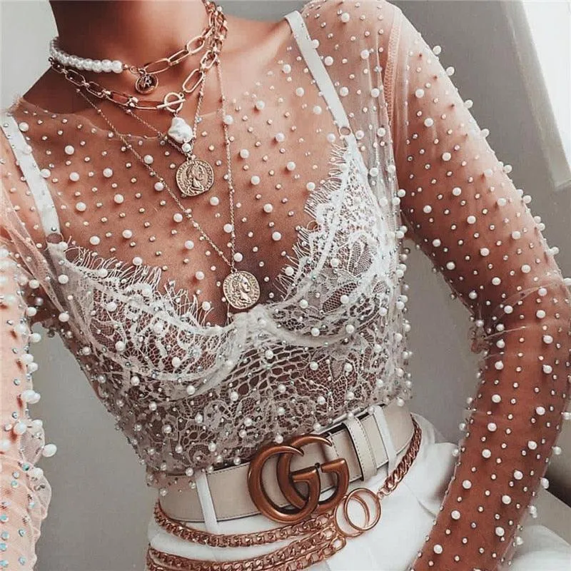 Boho Chic Pearl Mesh Top