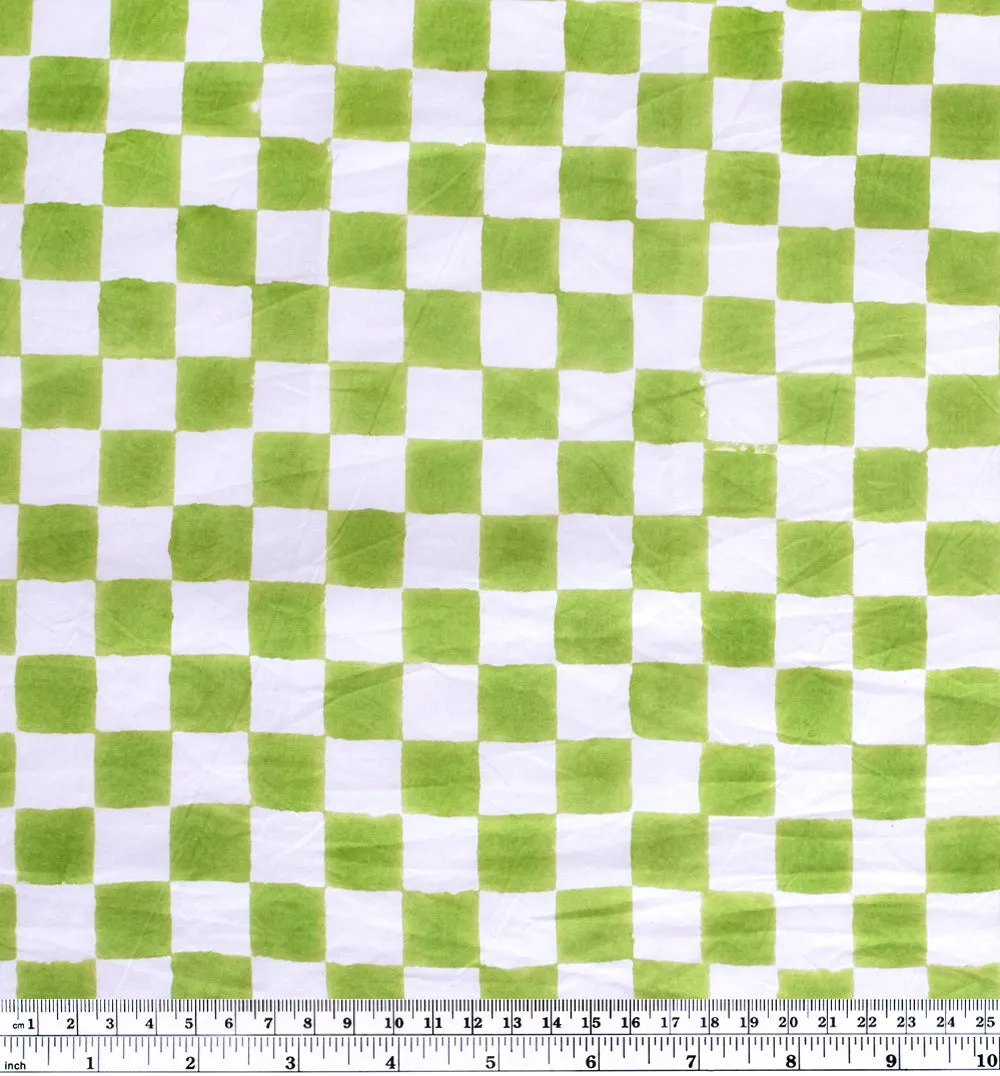 Checks Block Printed Organic Cotton Poplin - Peashoot/White