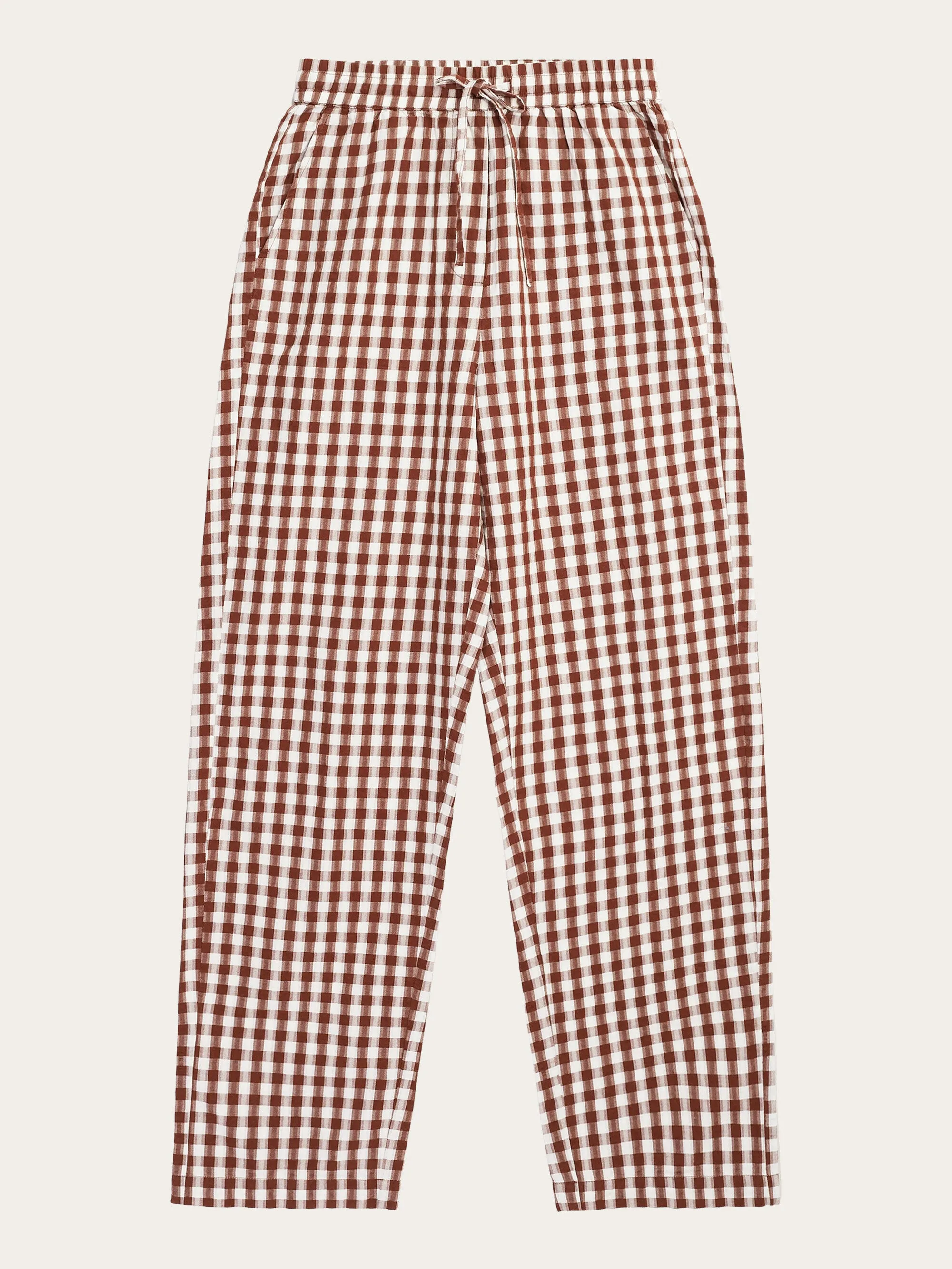 CHLOE barrel high-rise seersucker checkered elastic waistband pants - GOTS/Vegan - Brown check