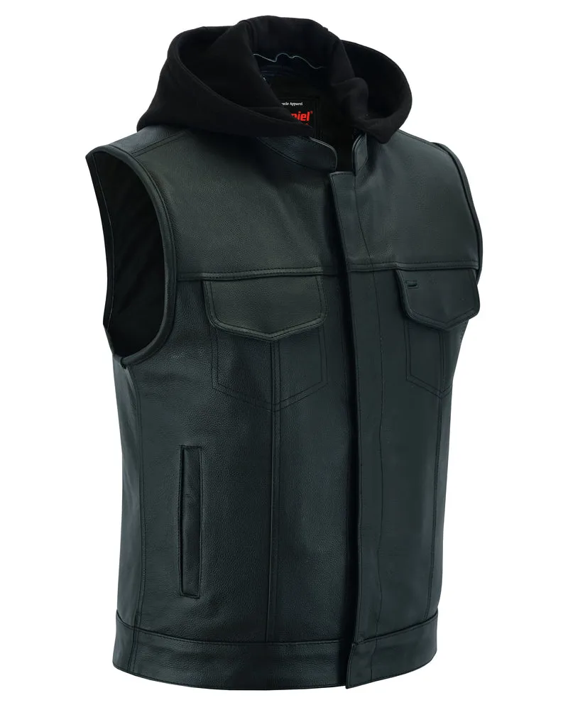 DS182 Men's Concealed Snaps Removable Hood Leather Vest