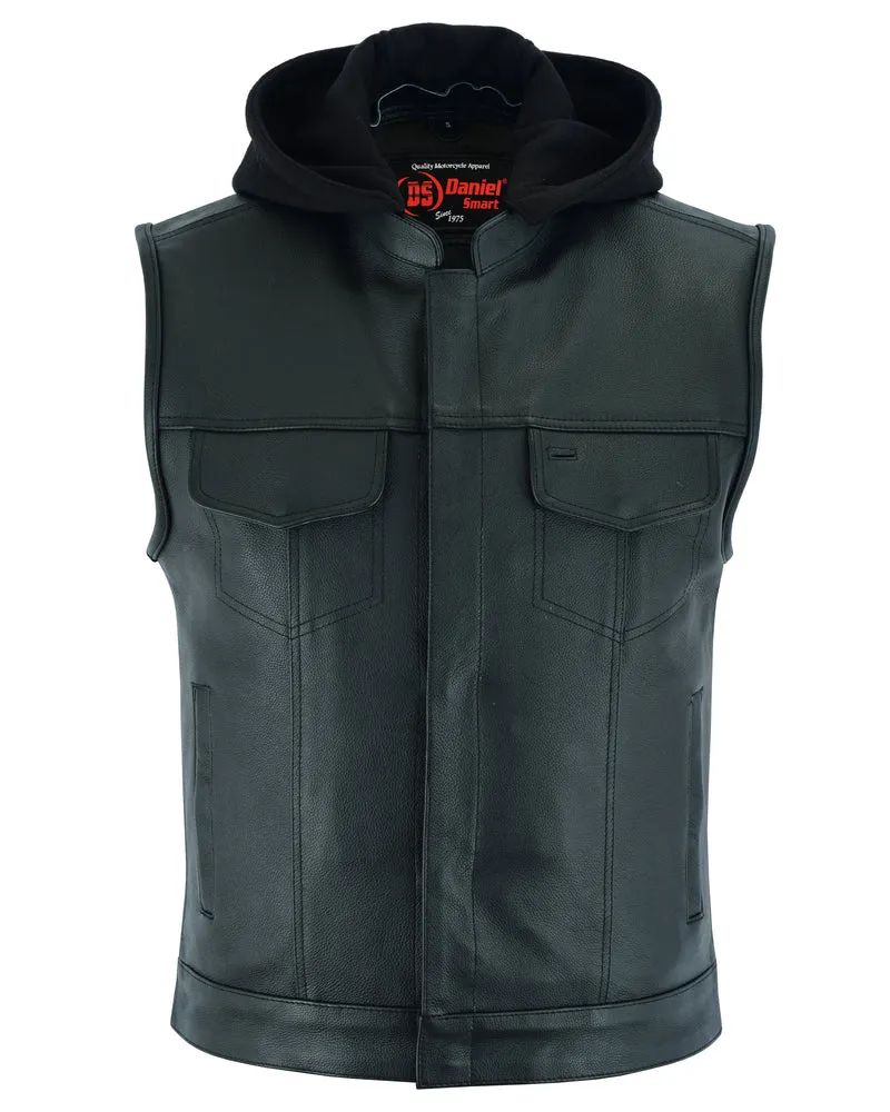 DS182 Men's Concealed Snaps Removable Hood Leather Vest