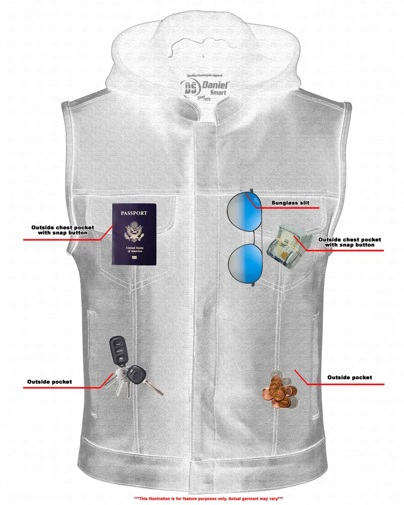 DS182 Men's Concealed Snaps Removable Hood Leather Vest