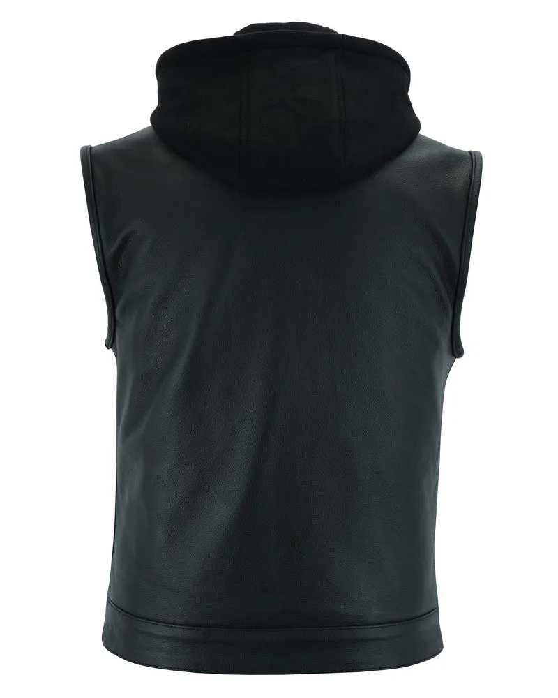 DS182 Men's Concealed Snaps Removable Hood Leather Vest