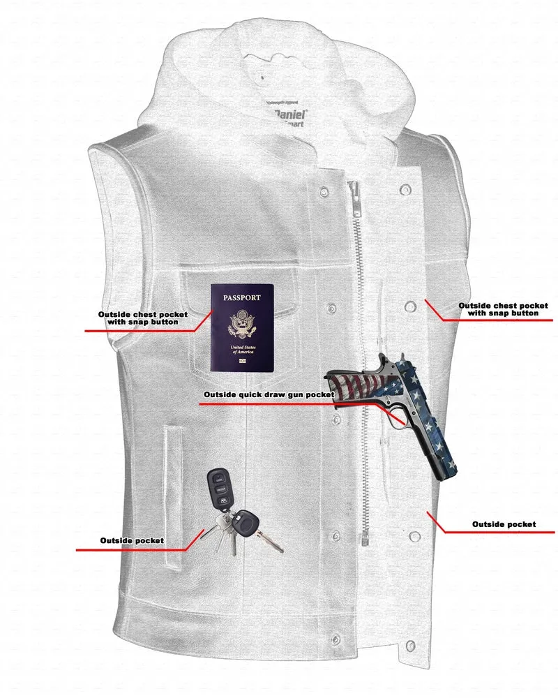 DS182 Men's Concealed Snaps Removable Hood Leather Vest