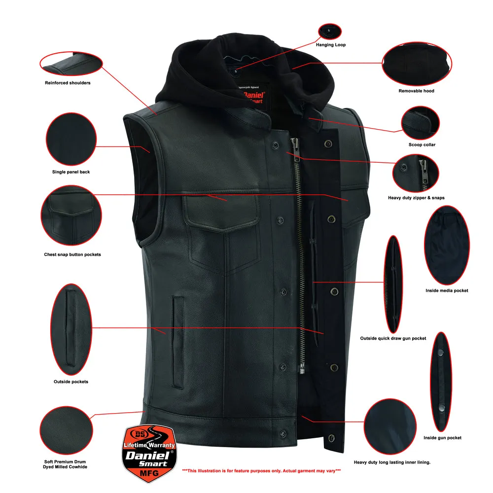 DS182 Men's Concealed Snaps Removable Hood Leather Vest