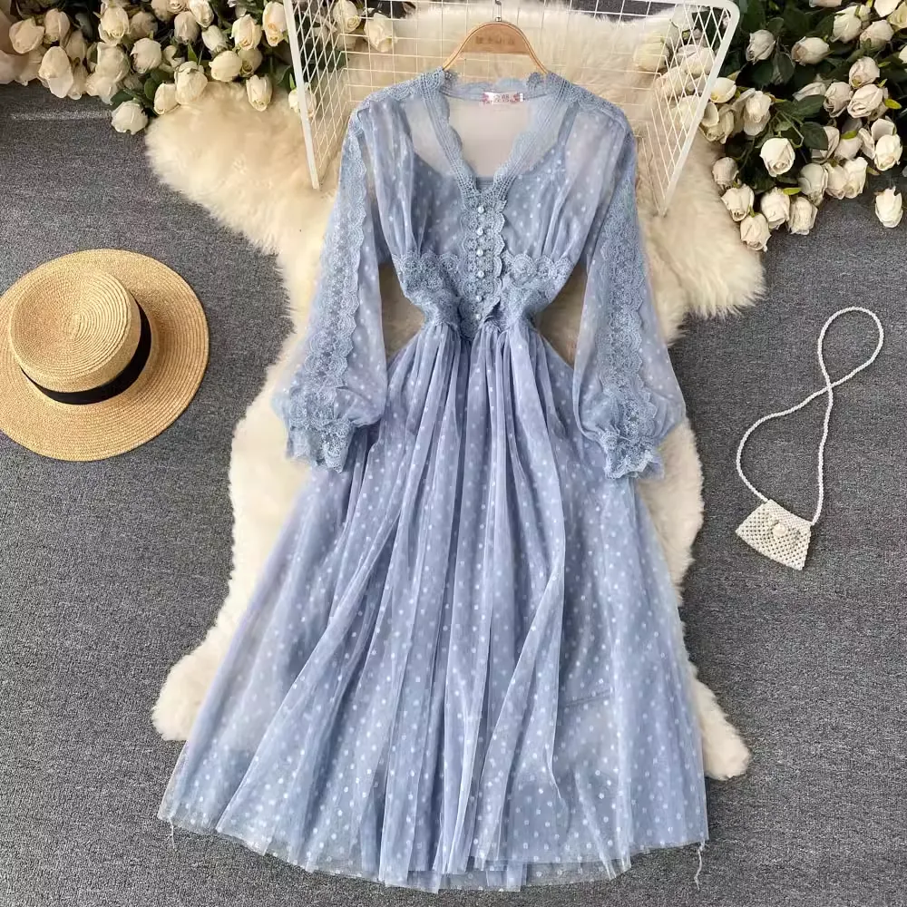 Elegant Lace V Neck French Dress Fairy Mesh Midi Dress 1162