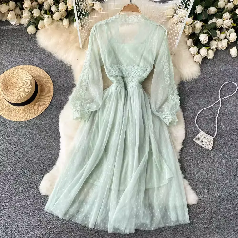 Elegant Lace V Neck French Dress Fairy Mesh Midi Dress 1162