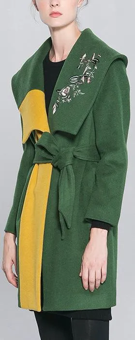 Floral-Embroidered Color-Block Short Wool Coat