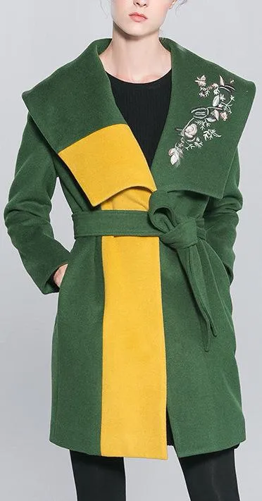 Floral-Embroidered Color-Block Short Wool Coat