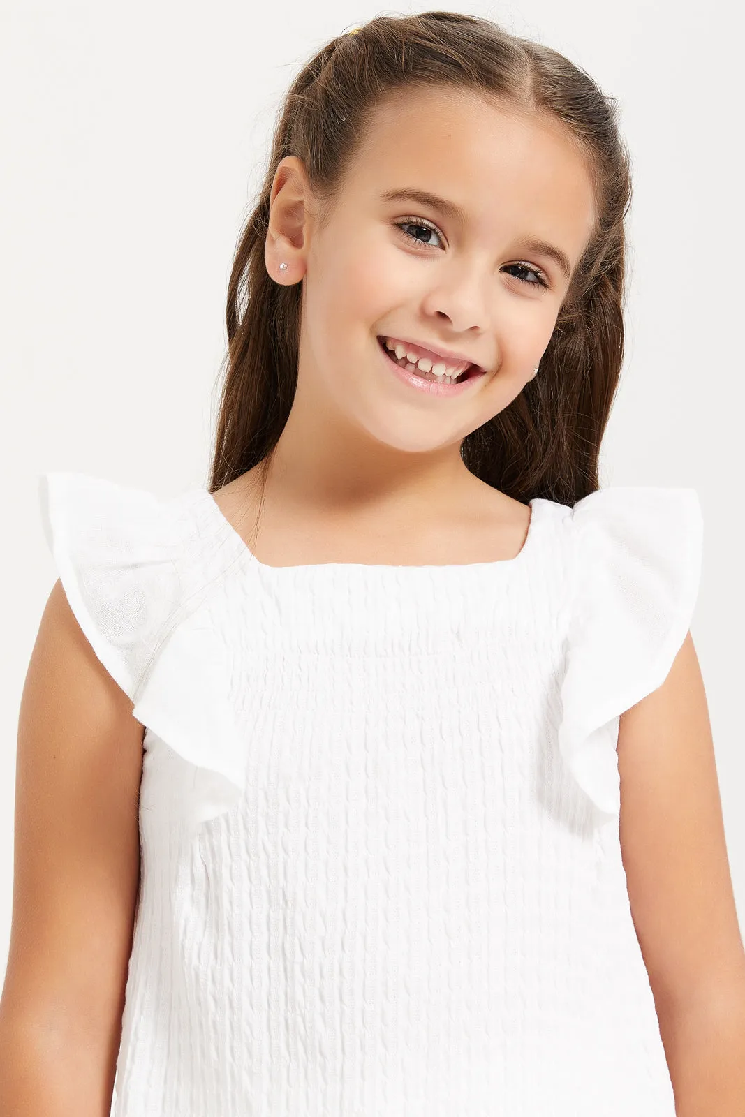 Girls White Crinkled Frilled Short Sleeve Top