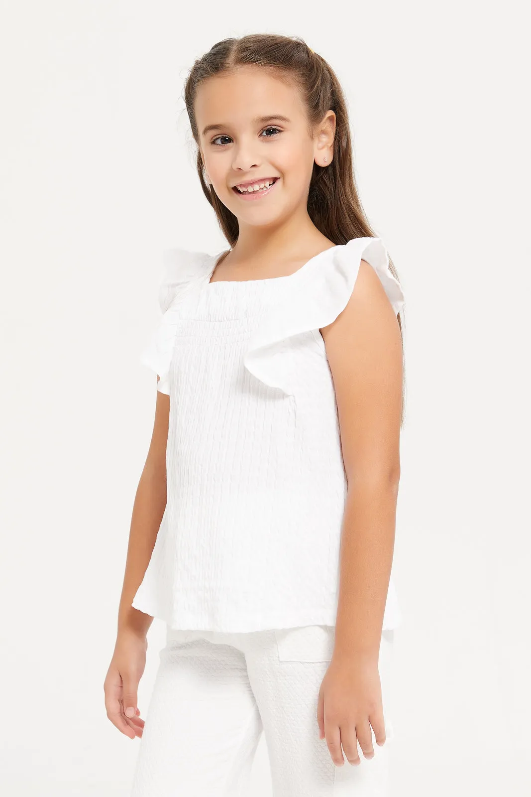 Girls White Crinkled Frilled Short Sleeve Top