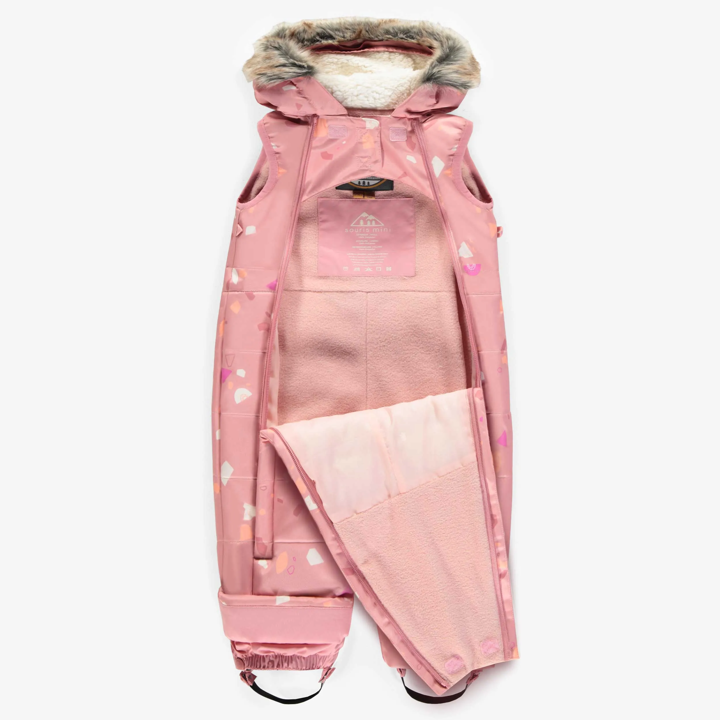 Habit de neige 3 en 1 rose à motifs et fausse fourrure, bébé || 3 in 1 pink snowsuit with print and faux fur, baby