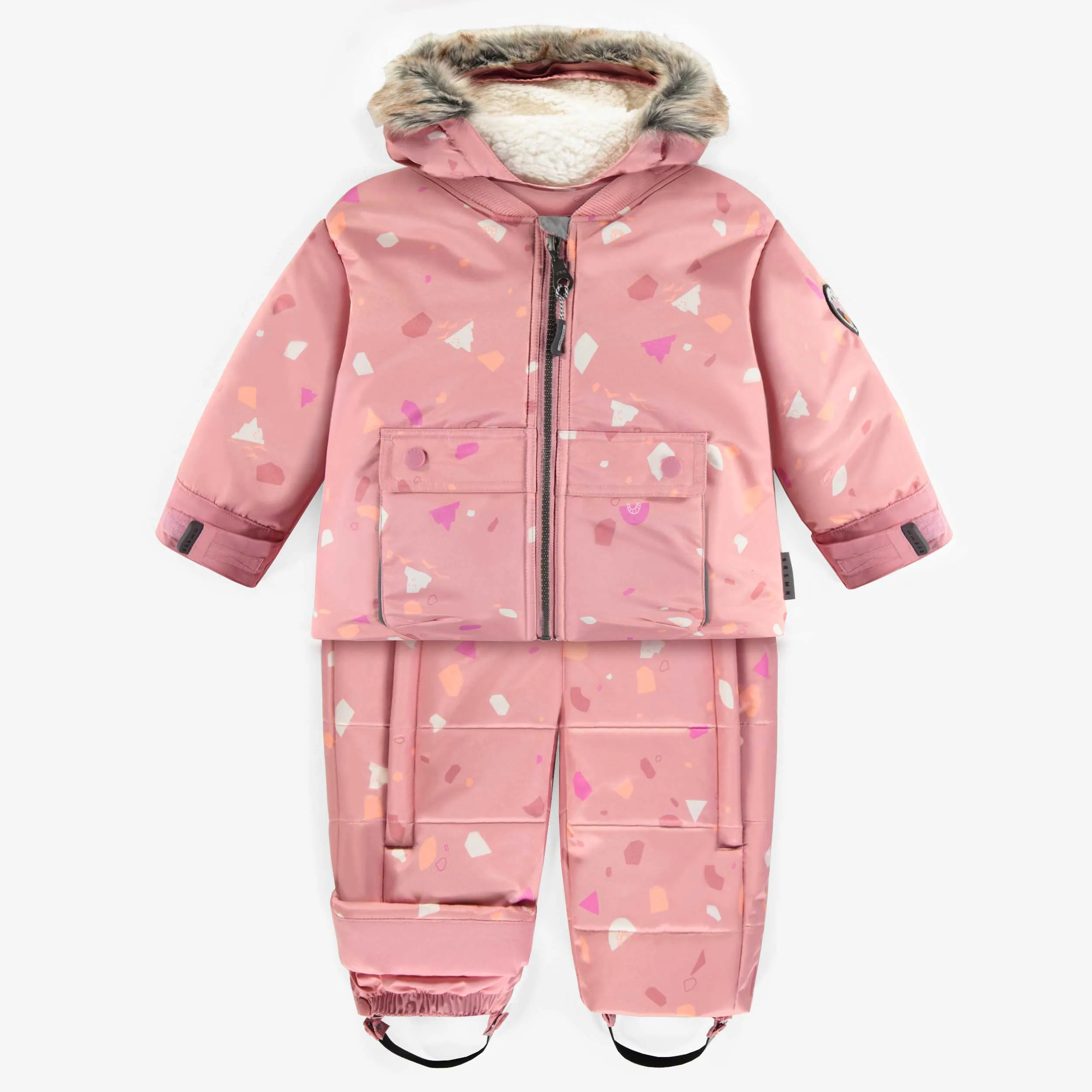 Habit de neige 3 en 1 rose à motifs et fausse fourrure, bébé || 3 in 1 pink snowsuit with print and faux fur, baby