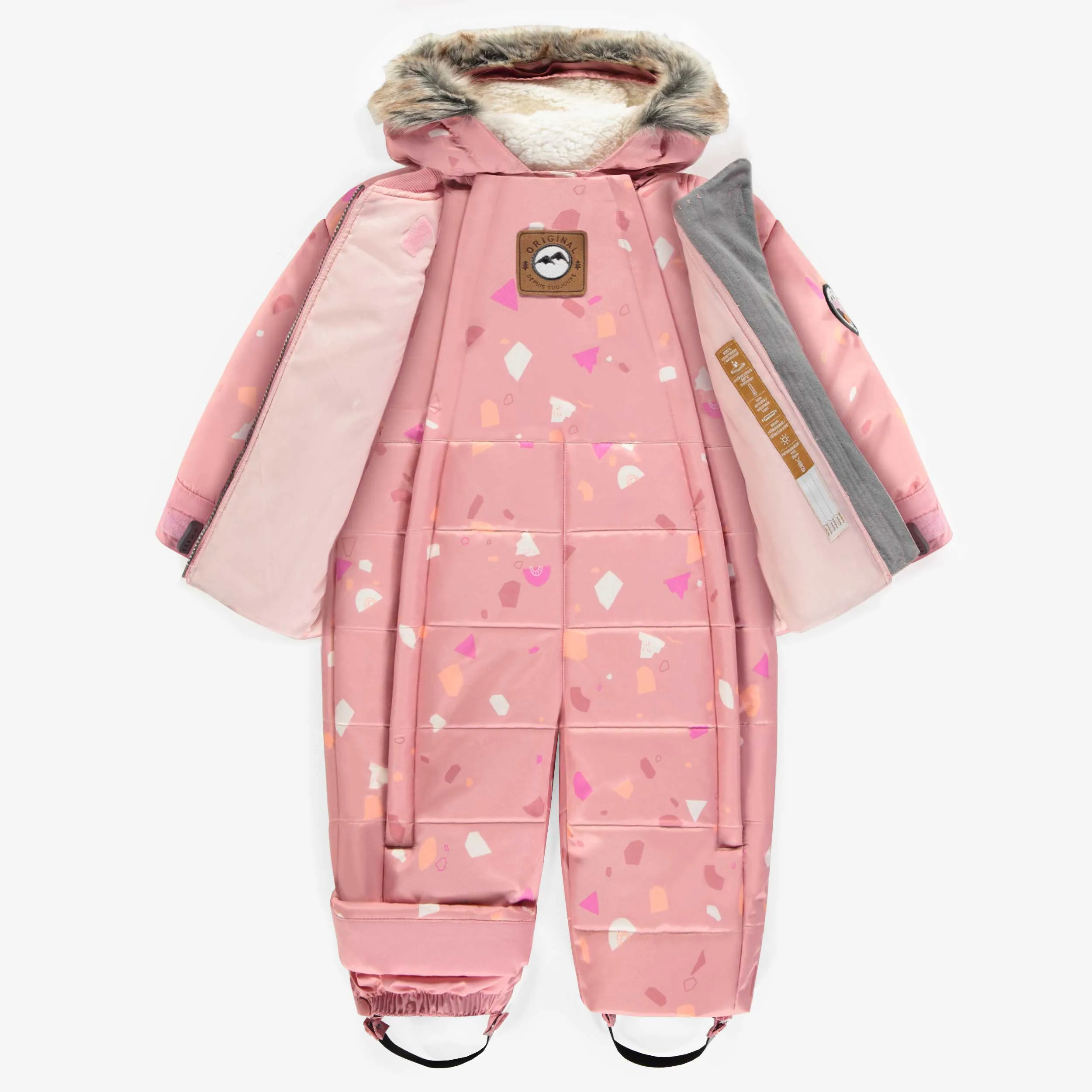 Habit de neige 3 en 1 rose à motifs et fausse fourrure, bébé || 3 in 1 pink snowsuit with print and faux fur, baby