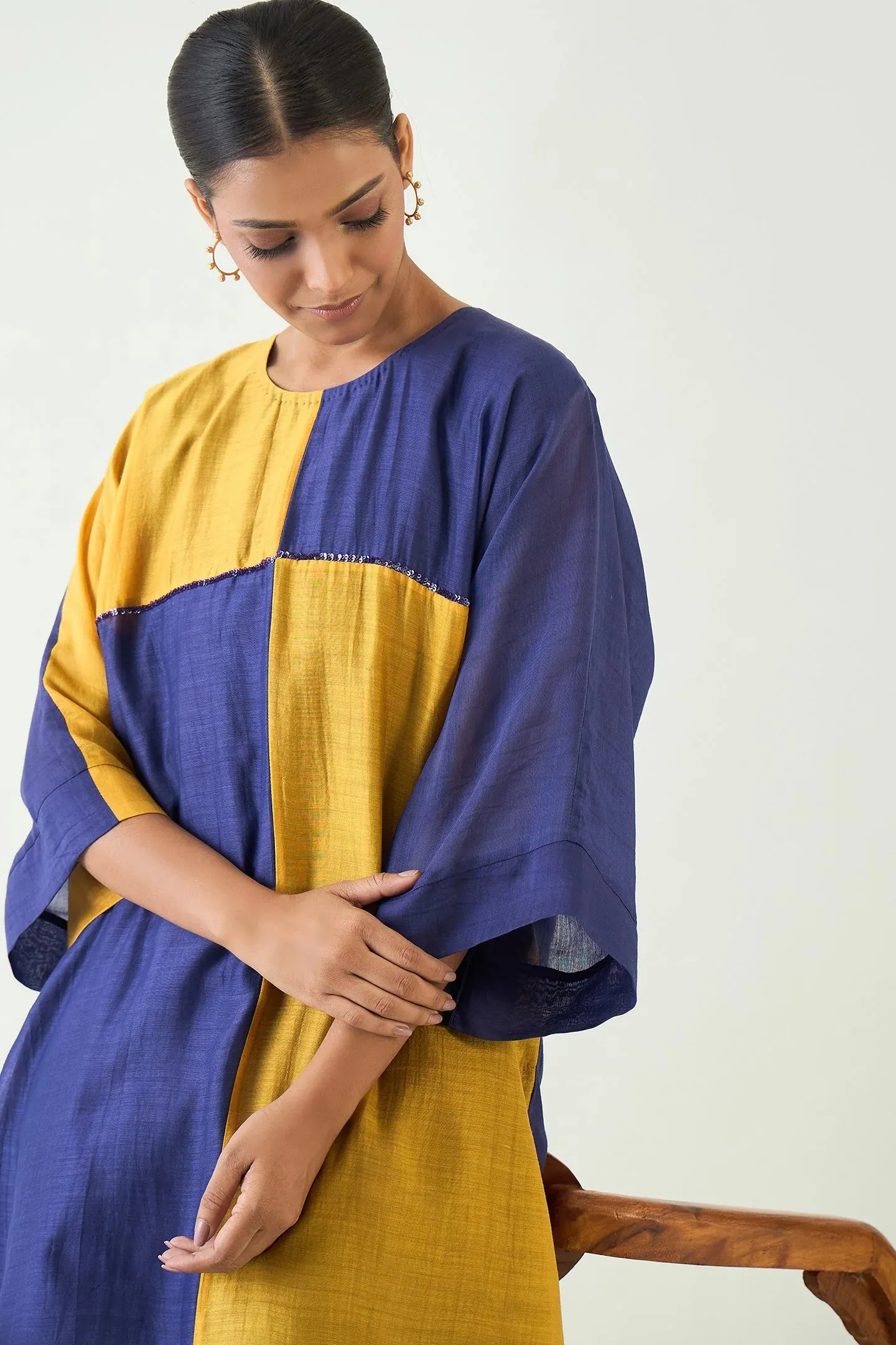 Jeeva: Cotton Silk colour block check sequin tunic set- Purple/Mustard