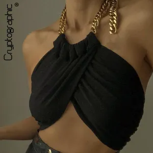 Joskaa Christmas Gift Cryptographic Summer Fashion Chic Halter Chain Crop Tops for Women Backless Cropped Feminino Black Wrap Top 2024 Streetwear