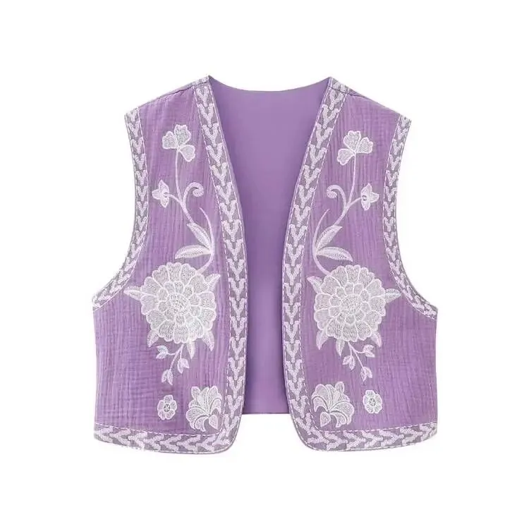 KEYANKETIAN Women Vintage Floral Embroidered Open WaistCoat Ladies National Style Vest Jacket Outfits Casual Vacation Crop Top