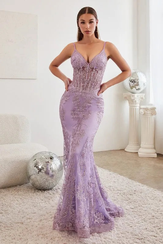 Lavender Layered Tulle and Glitter Lace Print Sling Evening Gown