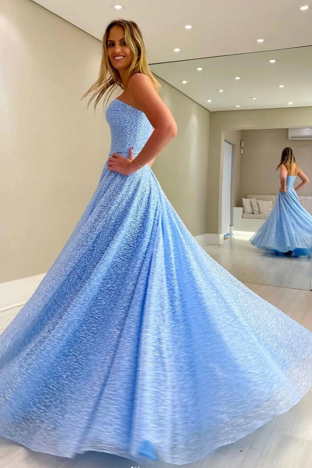 Light Blue Lace Sweetheart Neck Long Prom Dresses, Strapless Light Blue Formal Dresses, Light Blue Lace Evening Dresses