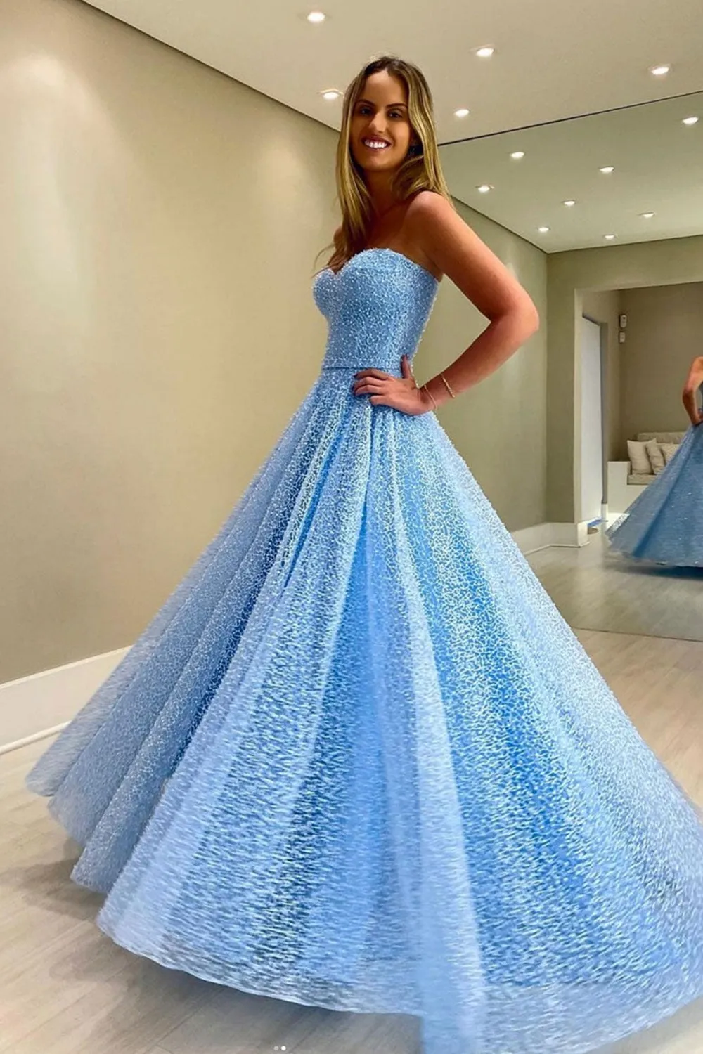 Light Blue Lace Sweetheart Neck Long Prom Dresses, Strapless Light Blue Formal Dresses, Light Blue Lace Evening Dresses