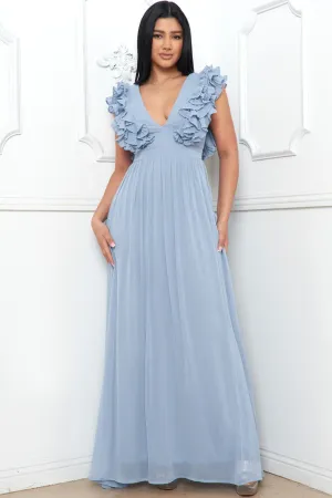 Lt Blue Layered Ruffle On The Side Maxi Dress