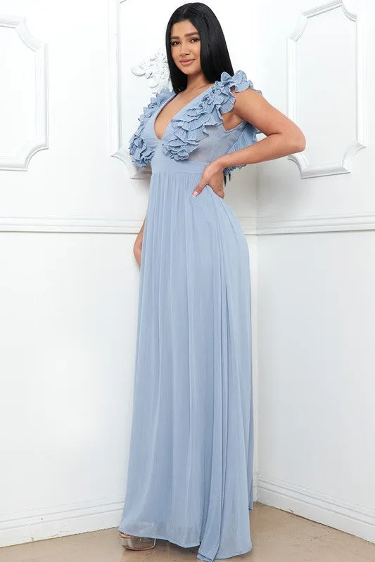 Lt Blue Layered Ruffle On The Side Maxi Dress