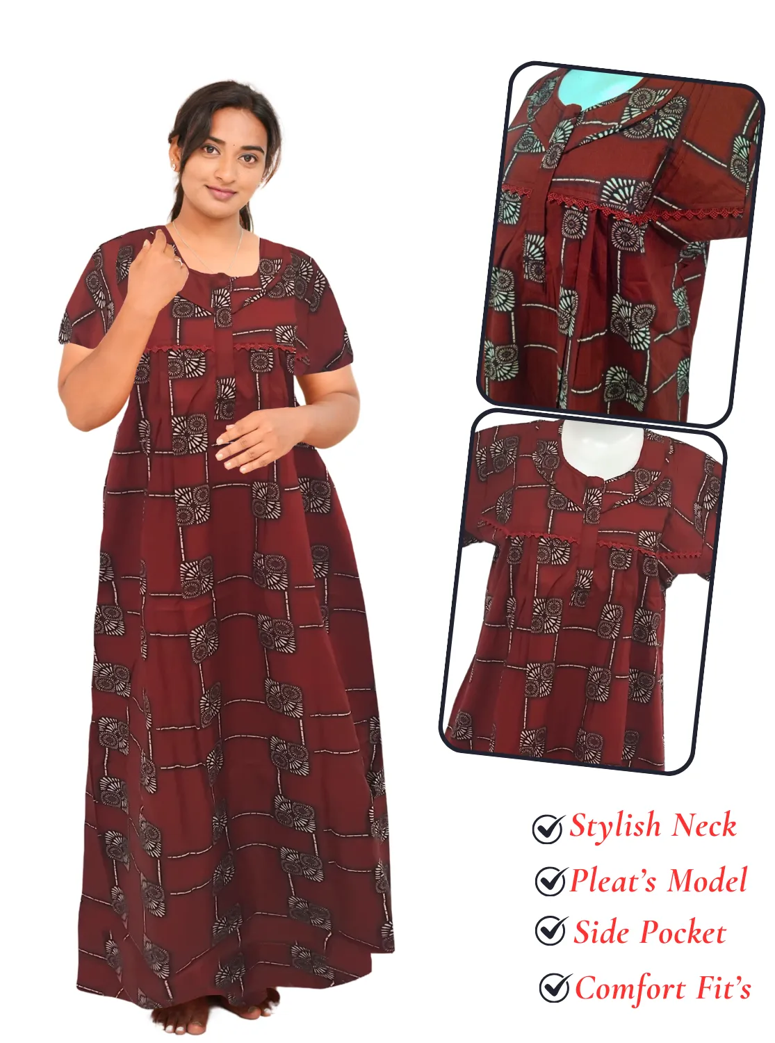 MANGAI New Regular Fit Cotton Printed Pleated Nighties - All Over Printed Stylish Nighties  | Side Cut Pocket | Front Open Zipper Type | Beautiful Nighties for Stylish Women's (PLE)