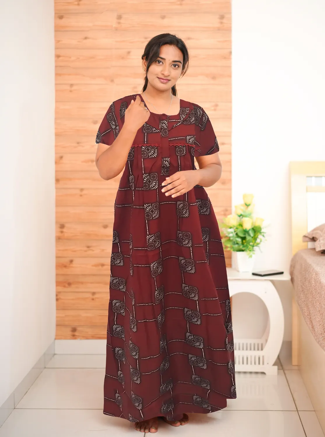 MANGAI New Regular Fit Cotton Printed Pleated Nighties - All Over Printed Stylish Nighties  | Side Cut Pocket | Front Open Zipper Type | Beautiful Nighties for Stylish Women's (PLE)