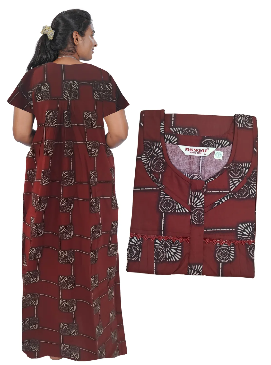 MANGAI New Regular Fit Cotton Printed Pleated Nighties - All Over Printed Stylish Nighties  | Side Cut Pocket | Front Open Zipper Type | Beautiful Nighties for Stylish Women's (PLE)