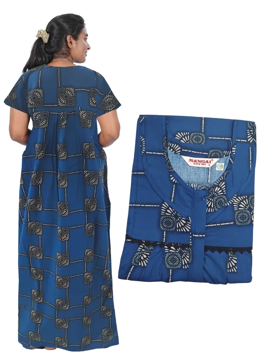 MANGAI New Regular Fit Cotton Printed Pleated Nighties - All Over Printed Stylish Nighties  | Side Cut Pocket | Front Open Zipper Type | Beautiful Nighties for Stylish Women's (PLE)