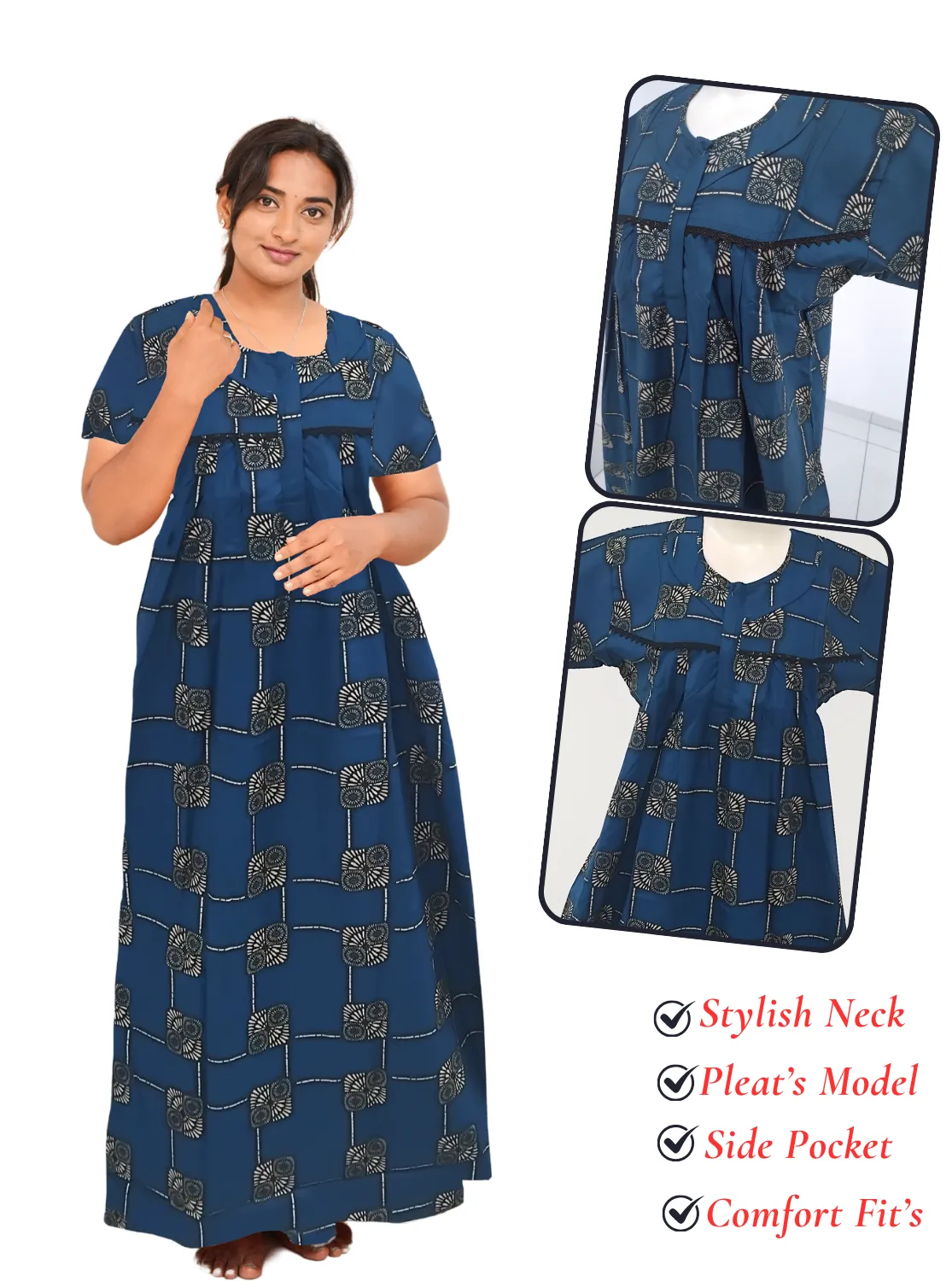 MANGAI New Regular Fit Cotton Printed Pleated Nighties - All Over Printed Stylish Nighties  | Side Cut Pocket | Front Open Zipper Type | Beautiful Nighties for Stylish Women's (PLE)