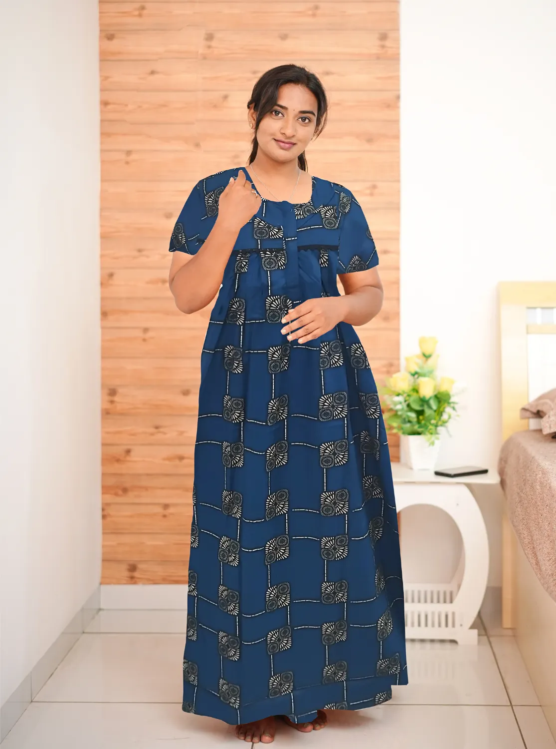 MANGAI New Regular Fit Cotton Printed Pleated Nighties - All Over Printed Stylish Nighties  | Side Cut Pocket | Front Open Zipper Type | Beautiful Nighties for Stylish Women's (PLE)