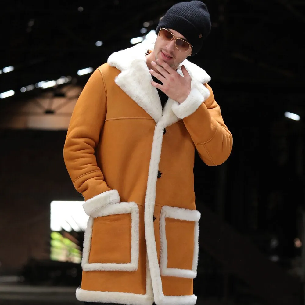 Mens Shearling Jacket Sheepskin Fur Long Coat