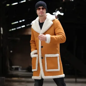 Mens Shearling Jacket Sheepskin Fur Long Coat