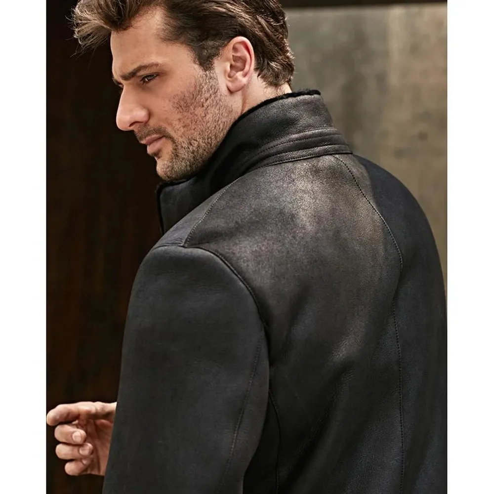 Men's Shearling Stand Collar Long Jacket Coat