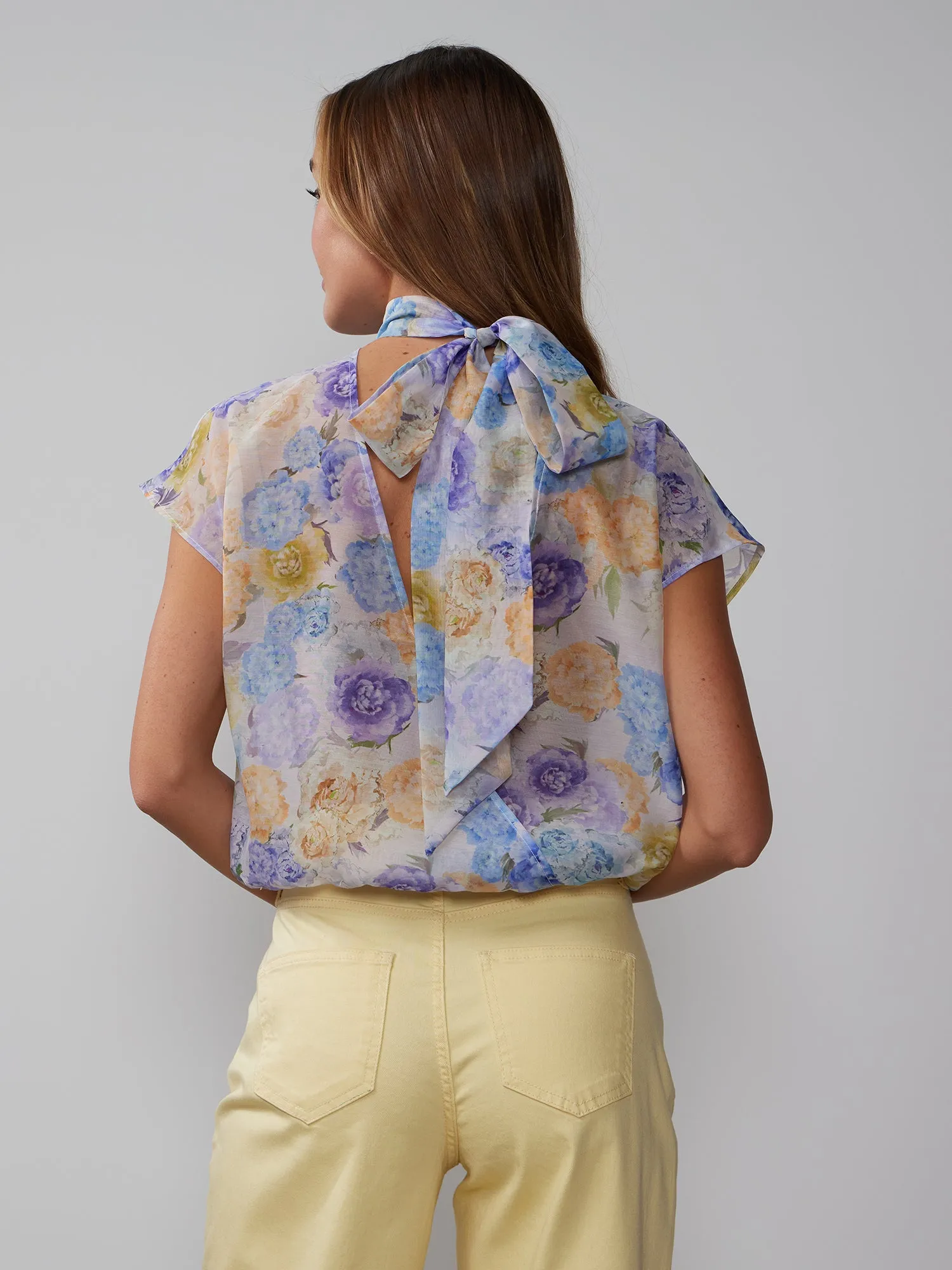 Mock Tie Back Floral Organza Blouse