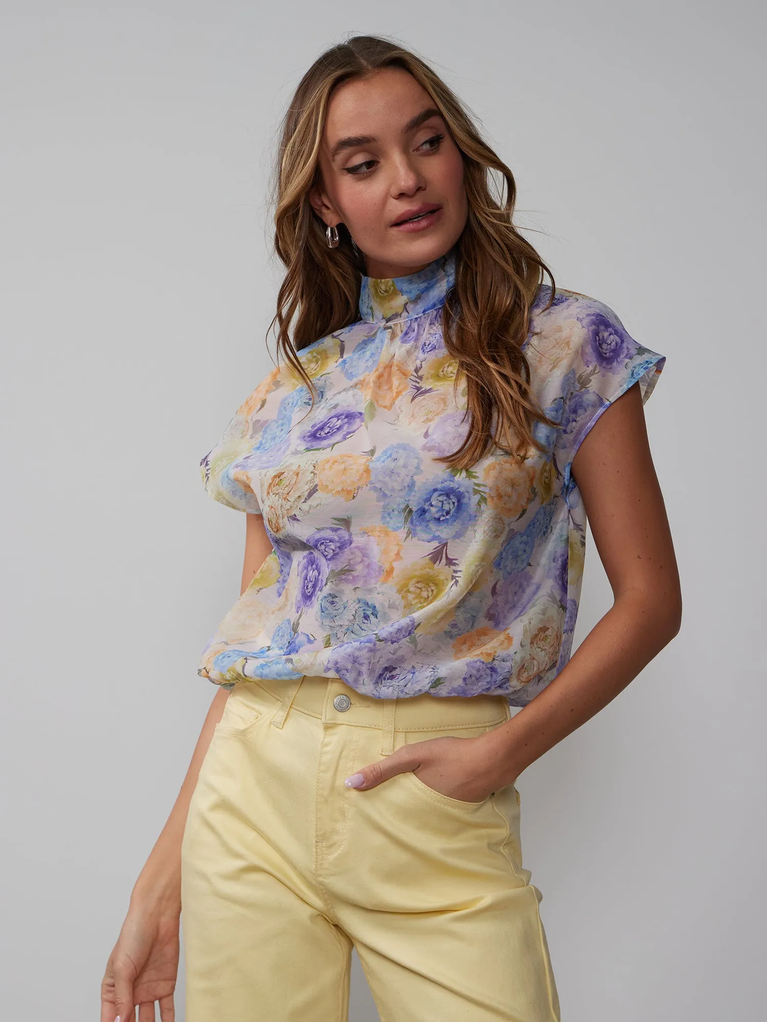 Mock Tie Back Floral Organza Blouse