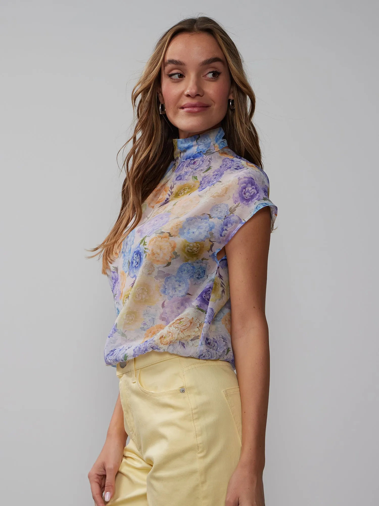 Mock Tie Back Floral Organza Blouse