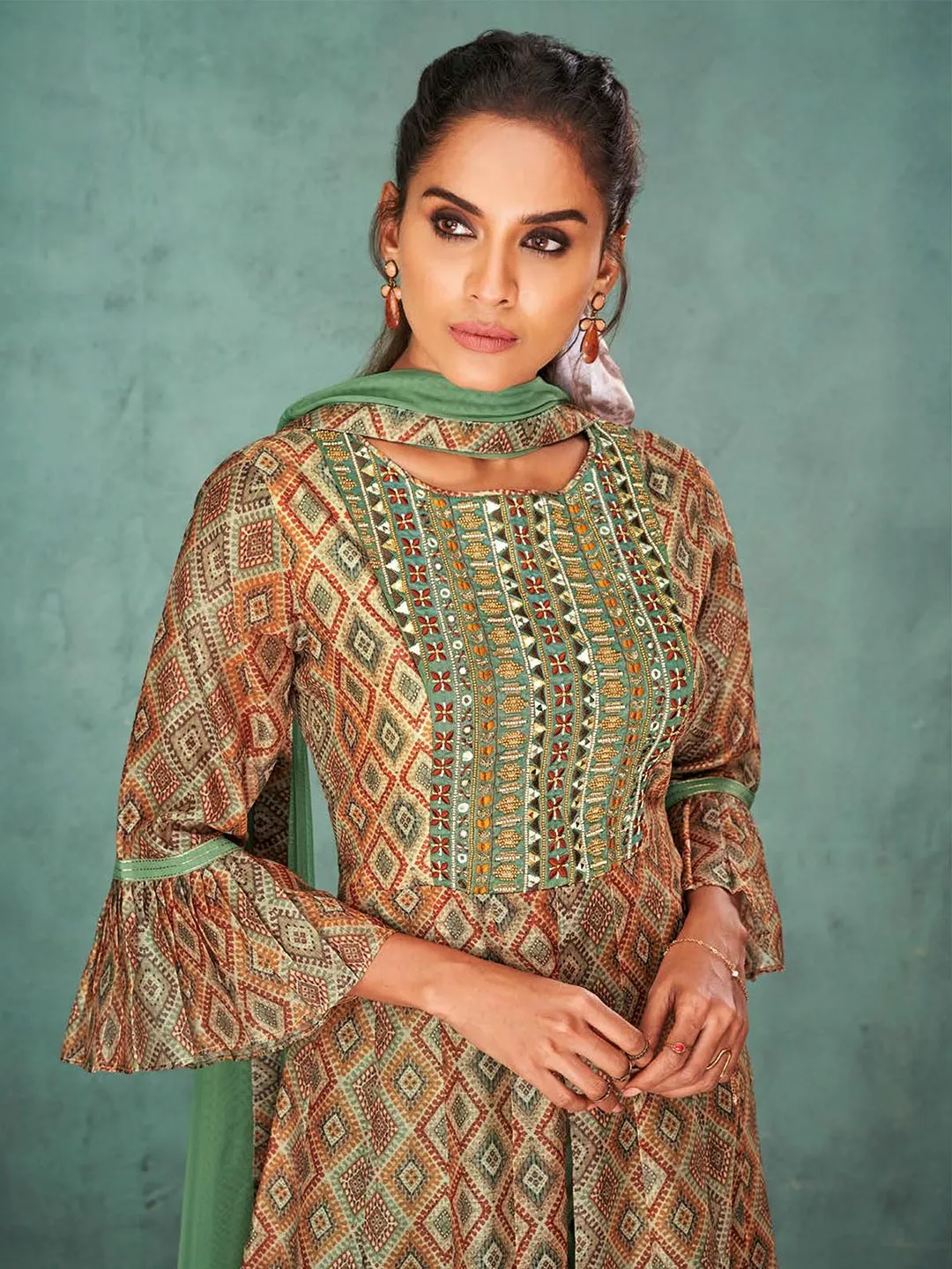 Olive Green & Brown Stylish Cotton Kurti Palazo Set With Front Slit & Bell Sleeves